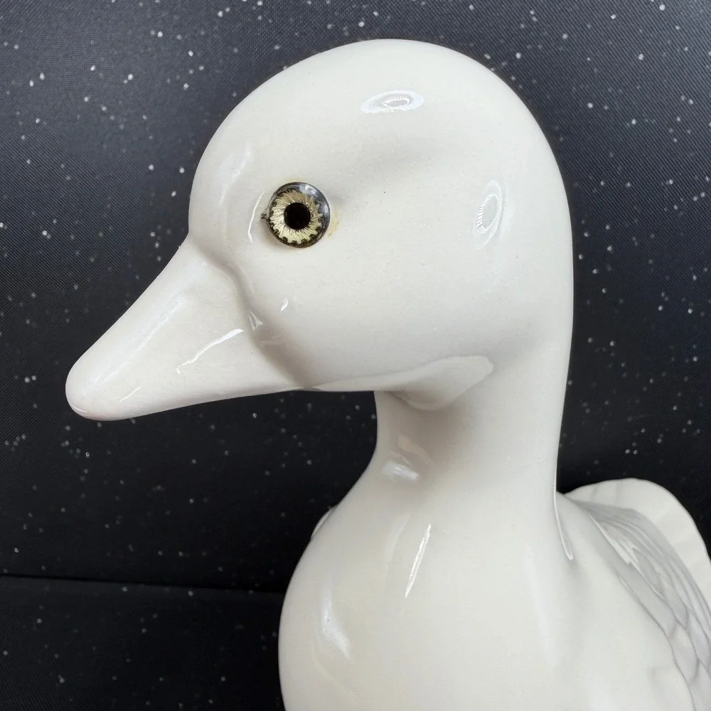 Lionstone Pottery White Ceramic Duck Figurine Glossy Bird Statue 10in Tall